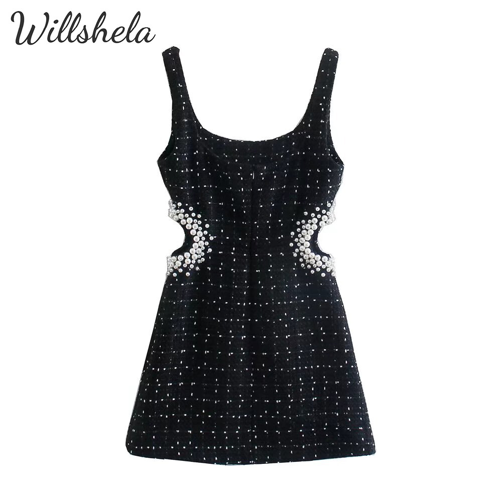 Willshela Women Fashion Textured Mini Camisole Dress Round-Neckline Sleeveless Faux Pearls Invisible Back Zipper  Street Casual Vintage Spring Summer Short Female Dress