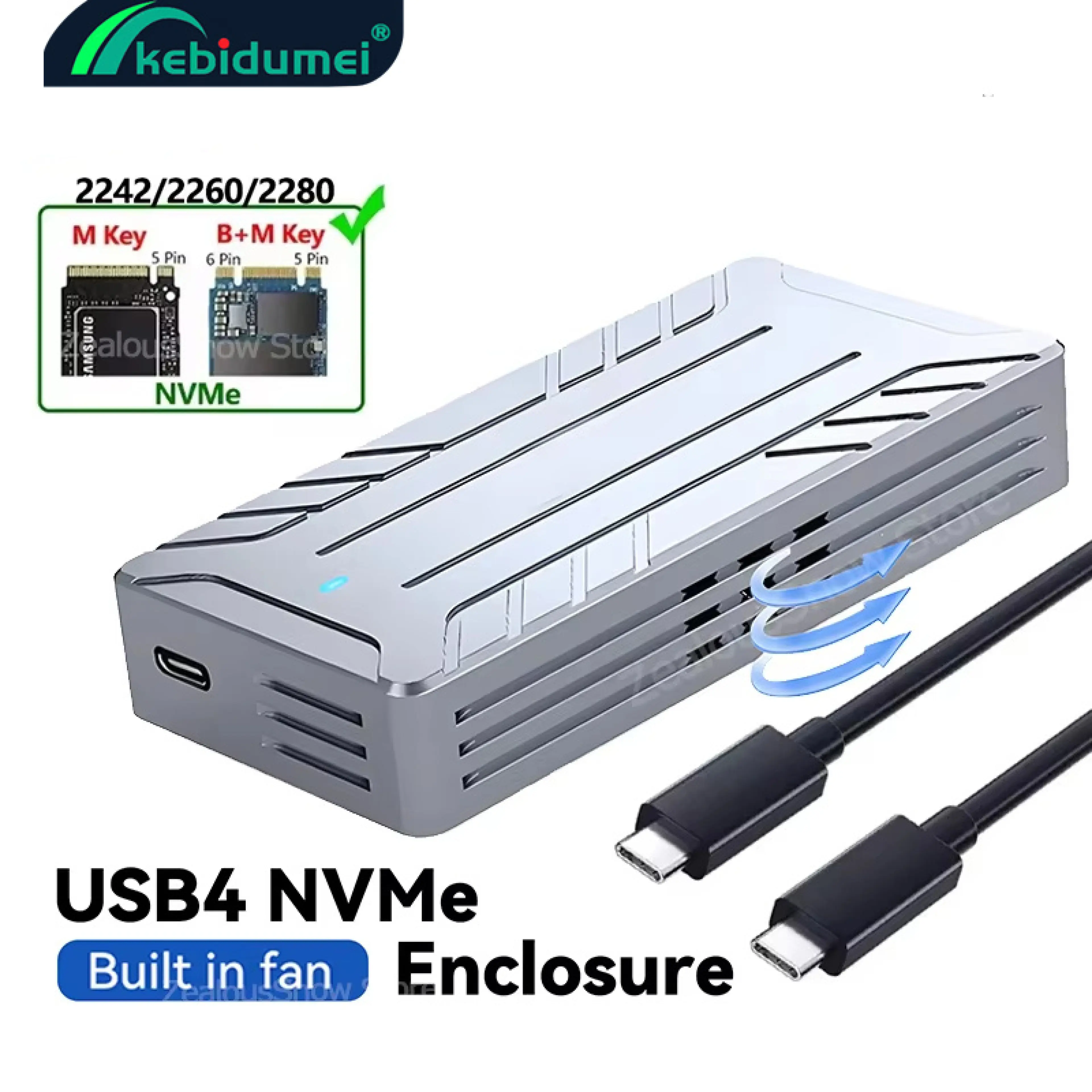 Kebidumei 40Gbps M.2 NVMe SSD Enclosure Case M.2 to USB 4.0 Adapter for M.2 NVME With Cooling Fan External SSD Case Compatible USB 3.2/3.1 For Laptop