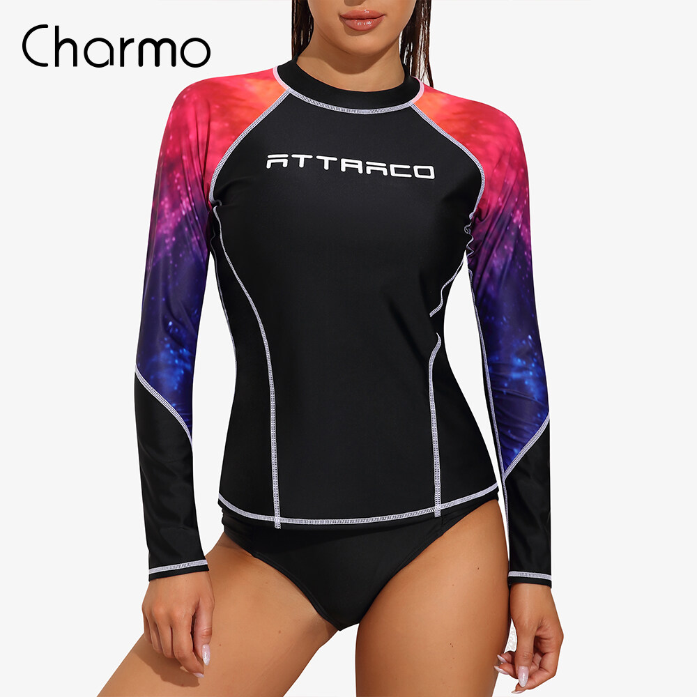 Charmo Women Long Sleeve Rash Guard Shirts Swimwear Rash Guard Top Surf Top Close-fitting Color Block Shirt UPF 50+