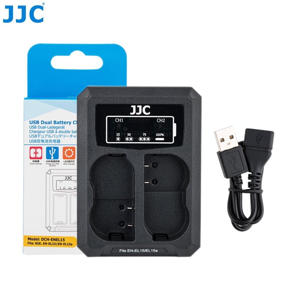 JJC MH-25A USB khe Kép Bộ sạc pin cho Nikon EN-EL15 EN-EL15a EN-EL15b Tương thích với Nikon Z7, Z6, Z7 II, Z6 II, Z5, D780, D610, D7500, D850, D800, D7200, D500, d810a, D750, D810, D7100, D800E, D600, D7000, máy ảnh Nikon 1 V1