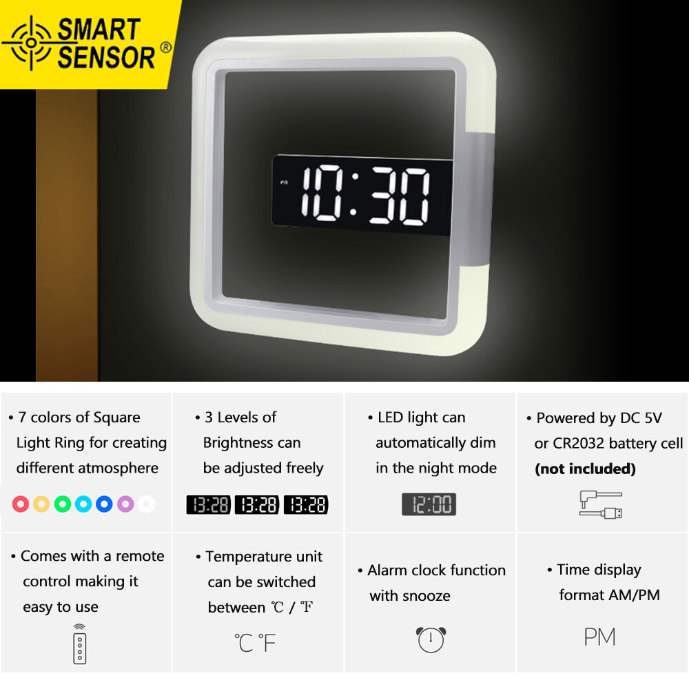 Đồng hồ treo tường gương vuông rgb đồng hồ led rỗng gắn tường kỹ thuật số đồng hồ báo thức phát hiện nhiệt độ báo lại đèn rgb 7 màu, với điều khiển từ xa