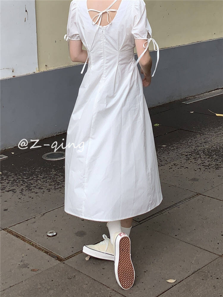 French style square collar puff sleeve dress design niche temperament slim fit gentle first love backless white fairy skirt