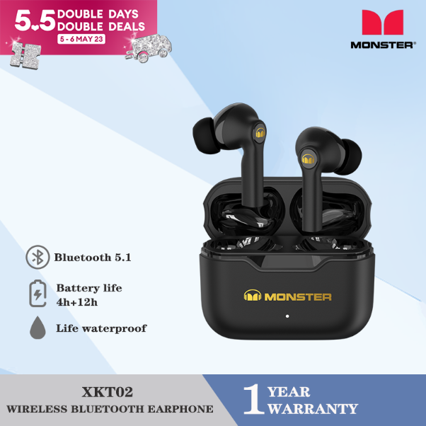 Monster XKT02 TWS Bluetooth Headset Wireless Mini Headphones TWS 5.1 High Resistance HIFI Subwoofer Headphones Gaming Headphones ราคา 459 บาท*ส่งฟรี
