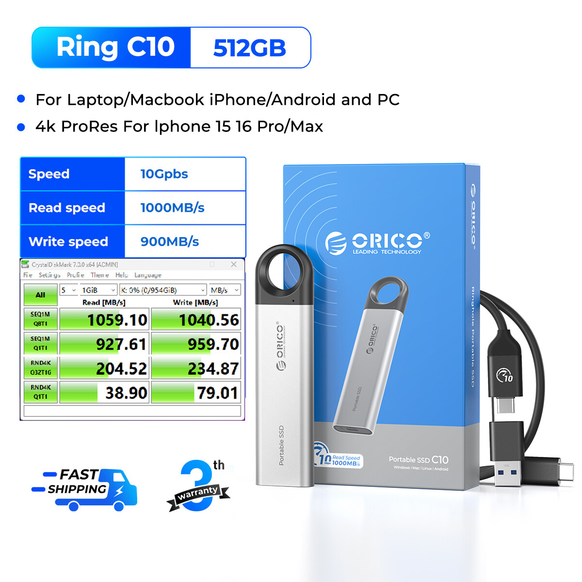 Orico 1000 MB/giây Cực Xách Tay SSD USB 3.2 Gen2 Kim Loại Cơ Thể Loại-C 1Tb/2Tb PSD Cho Máy Tính Xác