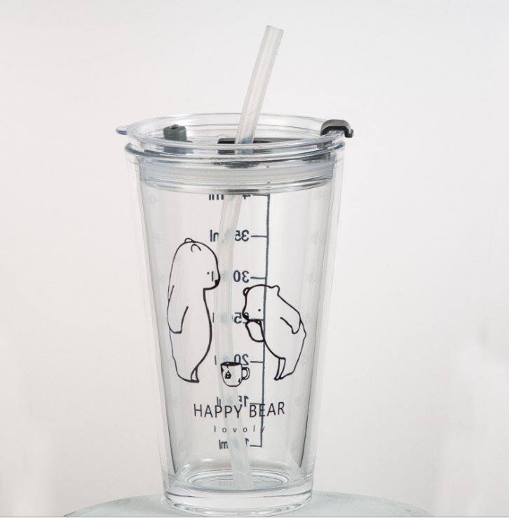 Gambar Ready Stock Ins Glass mug Glass cup With Straw cup 400ml Scale Cartoon Animal Bear Glass Milk cup Glass Tumbler