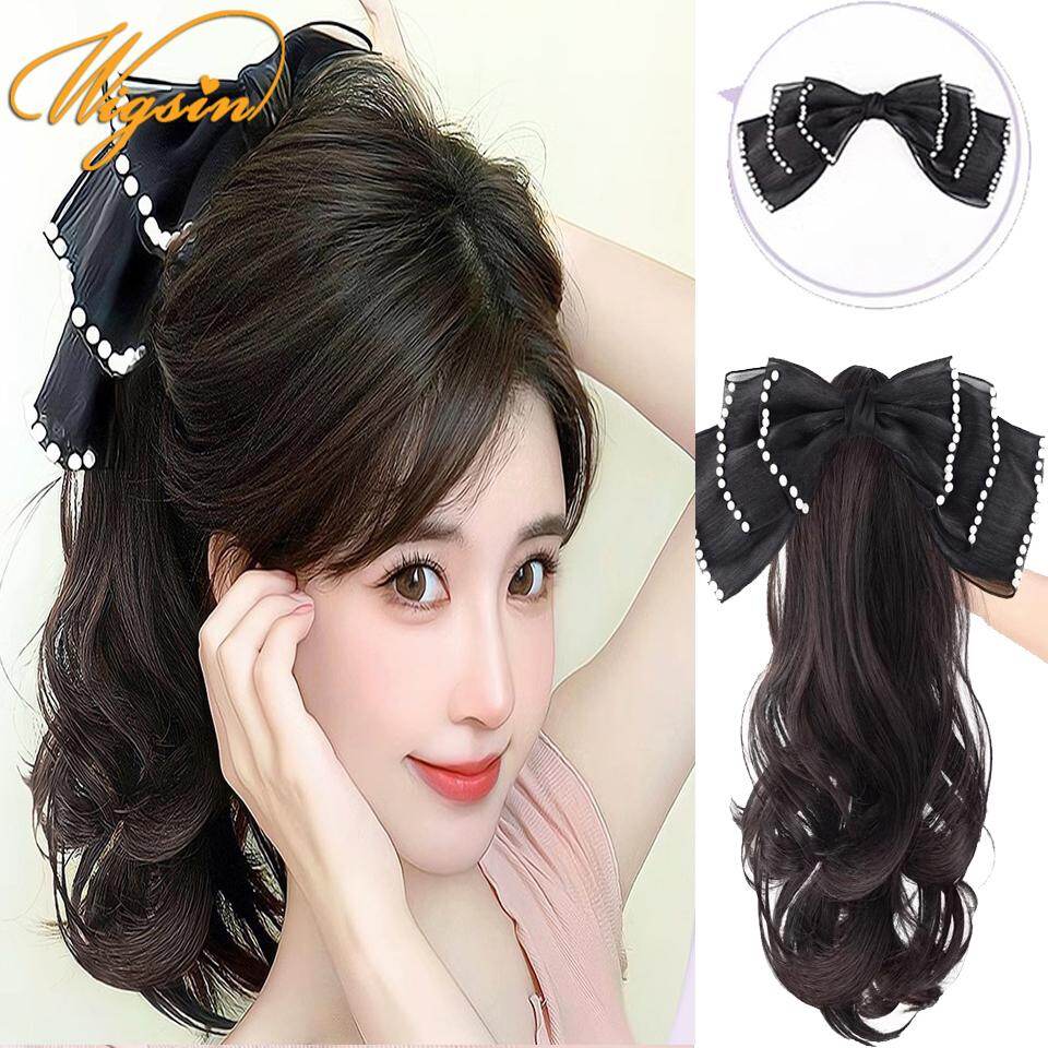 30cm ngắn tổng hợp xoăn Bow kont đuôi ngựa nữ hoài cổ ngọc trai tóc giả buộc đuôi ngựa cho phụ nữ
