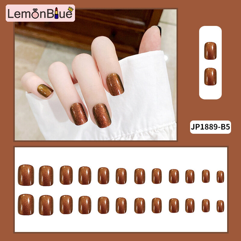 Gambar LemonBlue 24pcs Champagne Fake Nail Patch Square Head Glue Type Removable Short Paragraph Fashion Manicure False Nail Patch