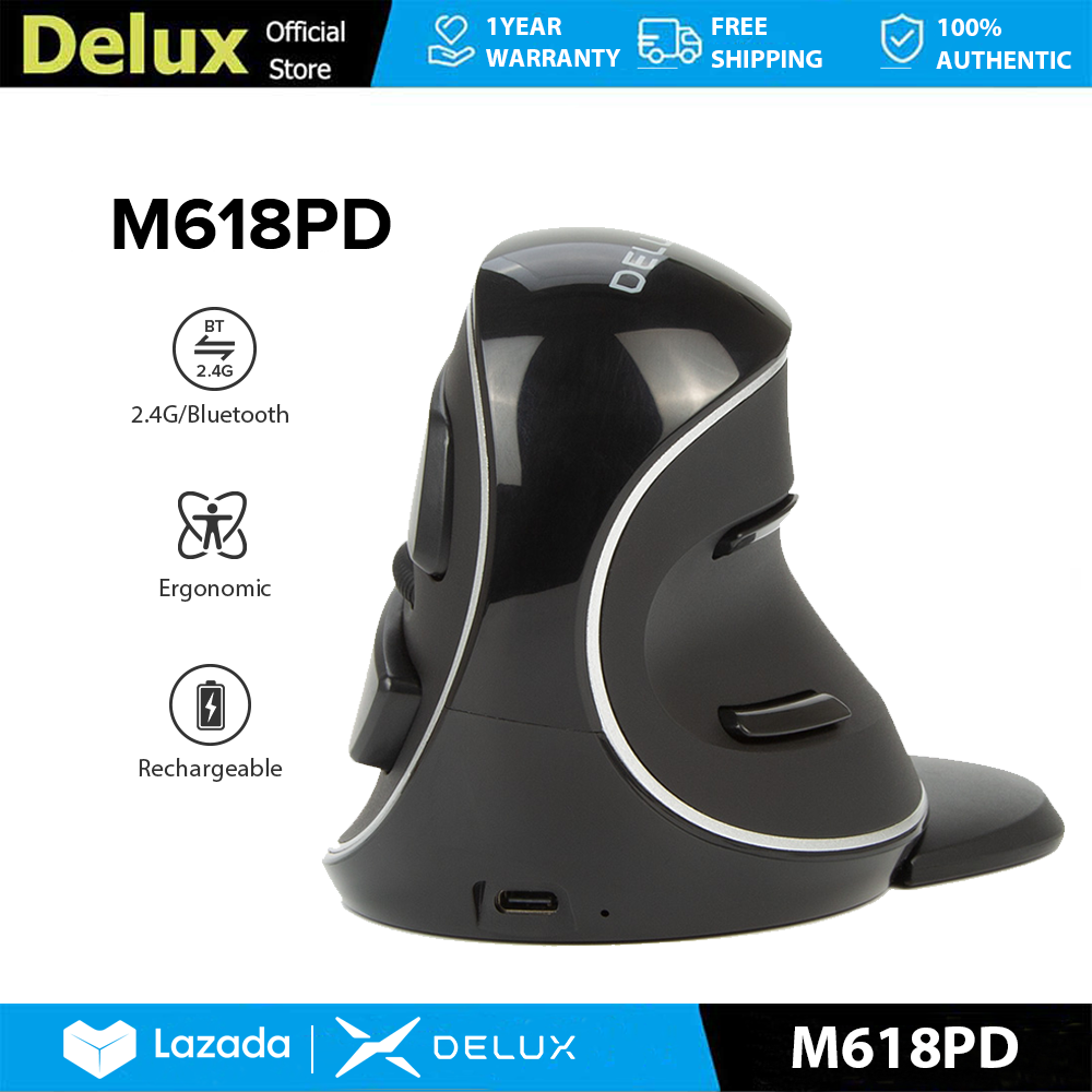 DELUX M618PD Wireless Vertical Mouse Bluetooth Ergonomic Rechargeable MAX 4000 DPI Removable Palm Rest 6 Buttons L Size For Big Hands 162g Weight For PC/Laptop/Windows/Mac