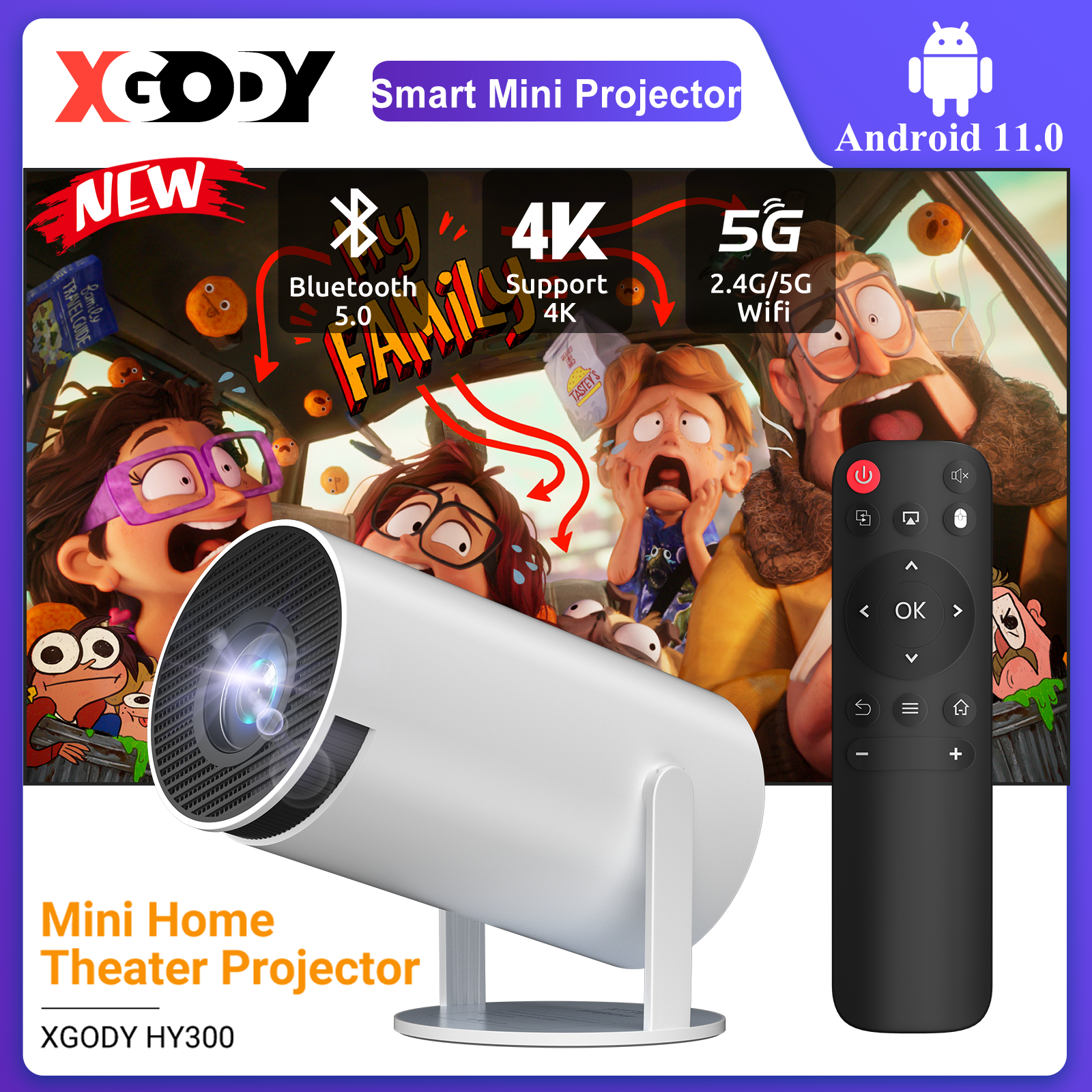 XGODY HY-300 Smart Mini Projector 720P Support 4K 10000 Lumens 180° Flexible Portable Projector for Home Theater Support 2.4/5G Wifi Bluetooth Free Shipping - ยี่ห้อ Xgody ราคา 2,250 บาท*ส่งฟรี