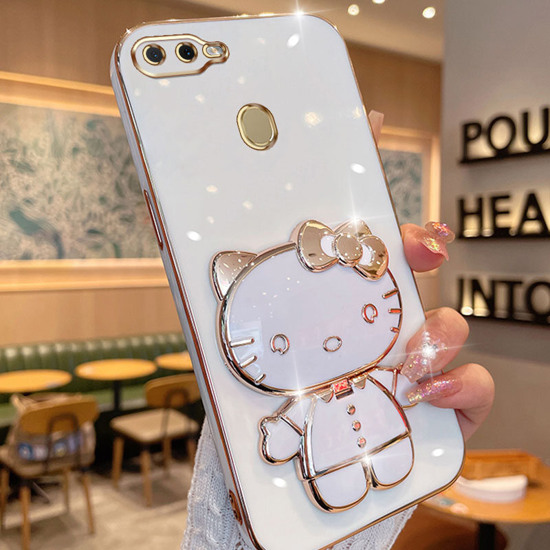 YBD 3D Mirror Stereo Stand Bracket Phone Case For OPPO F9 F9 Pro A7 A5S A12 A11K Cases With Fine Hole Full Camera Lens Protection New Design Electroplating Cute Cat Case Fashion Soft Case