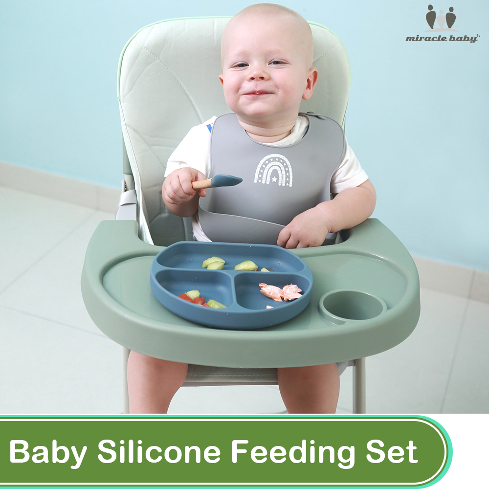 Miracle baby[BPA FREE] First Foods Set (5 Colours)Baby Spoon/Baby Bib/baby suction bowl set/baby spoon set/Baby plate babyborn Dinner Set Baby Training Silicone Feeding Set First Meal Gift Baby Feeding Essentials 4pcs/set Anti-Spill Anti-Fall Baby Utensil ราคา 316 บาท*ส่งฟรี