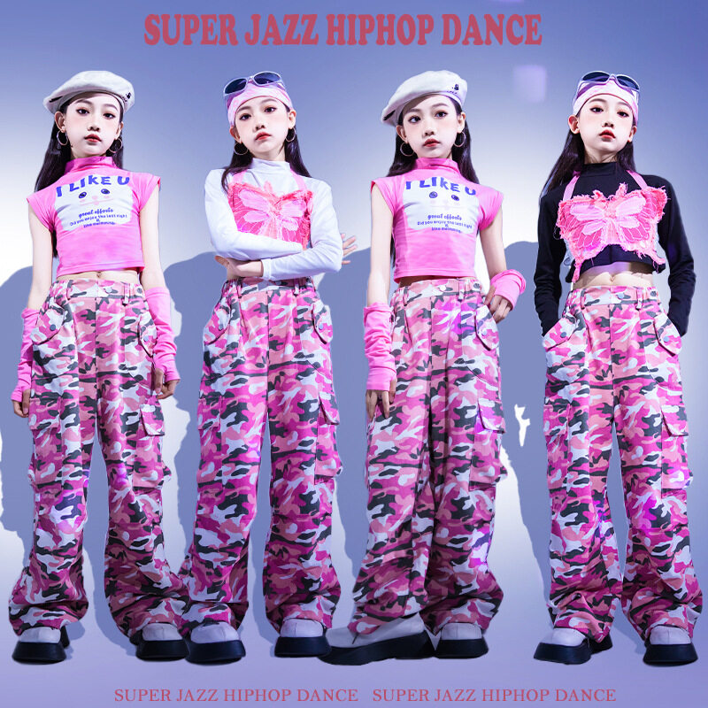 3-14 Years Old Kids Short Sleeve Pink Jazz Dance Costume Summer Hip Hop