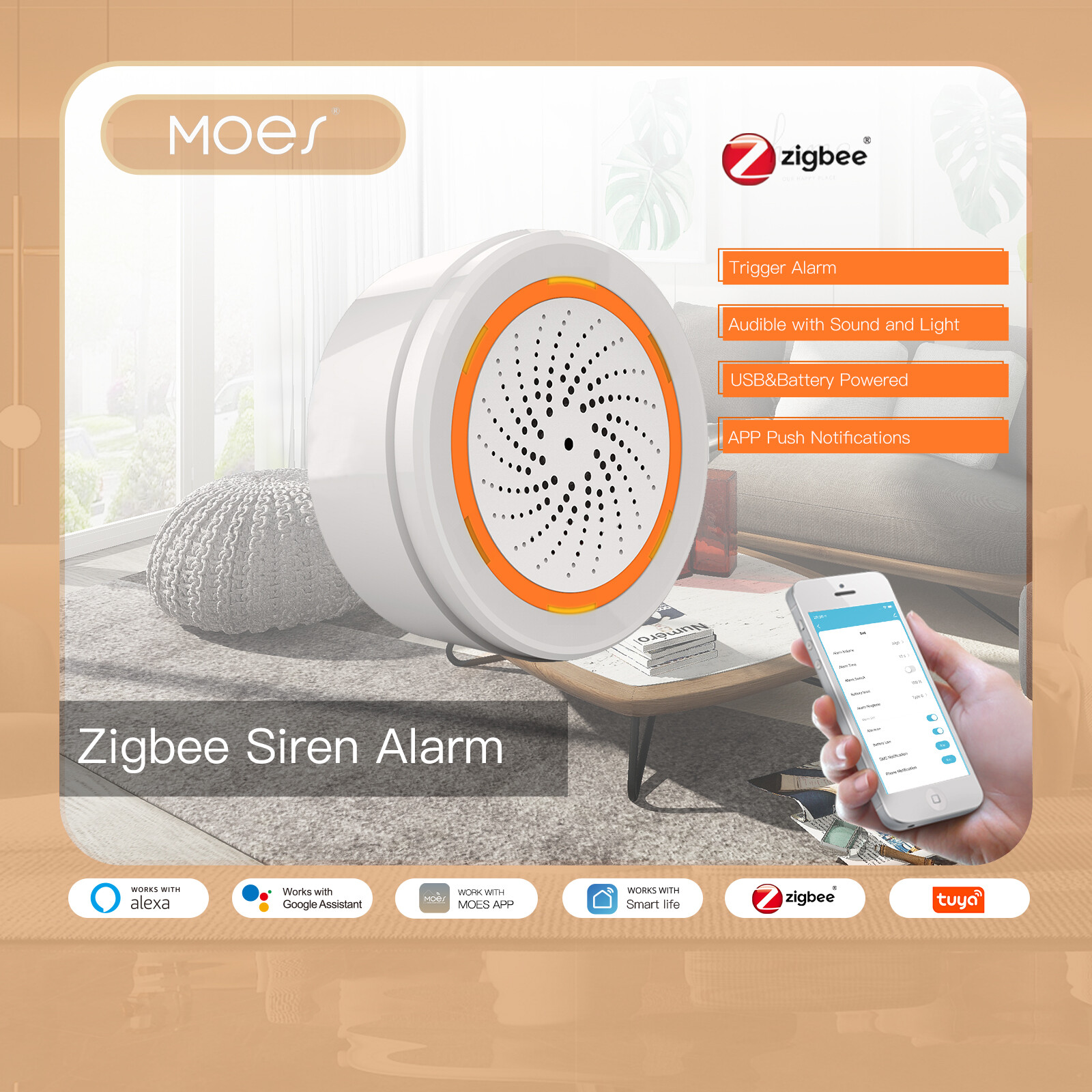 Moes Tuya ZigBee Smart Sound and Light Siren Sensor 90dB Smart Life Siren Home Security System Tuya Gateway Hub, Used With Alexa