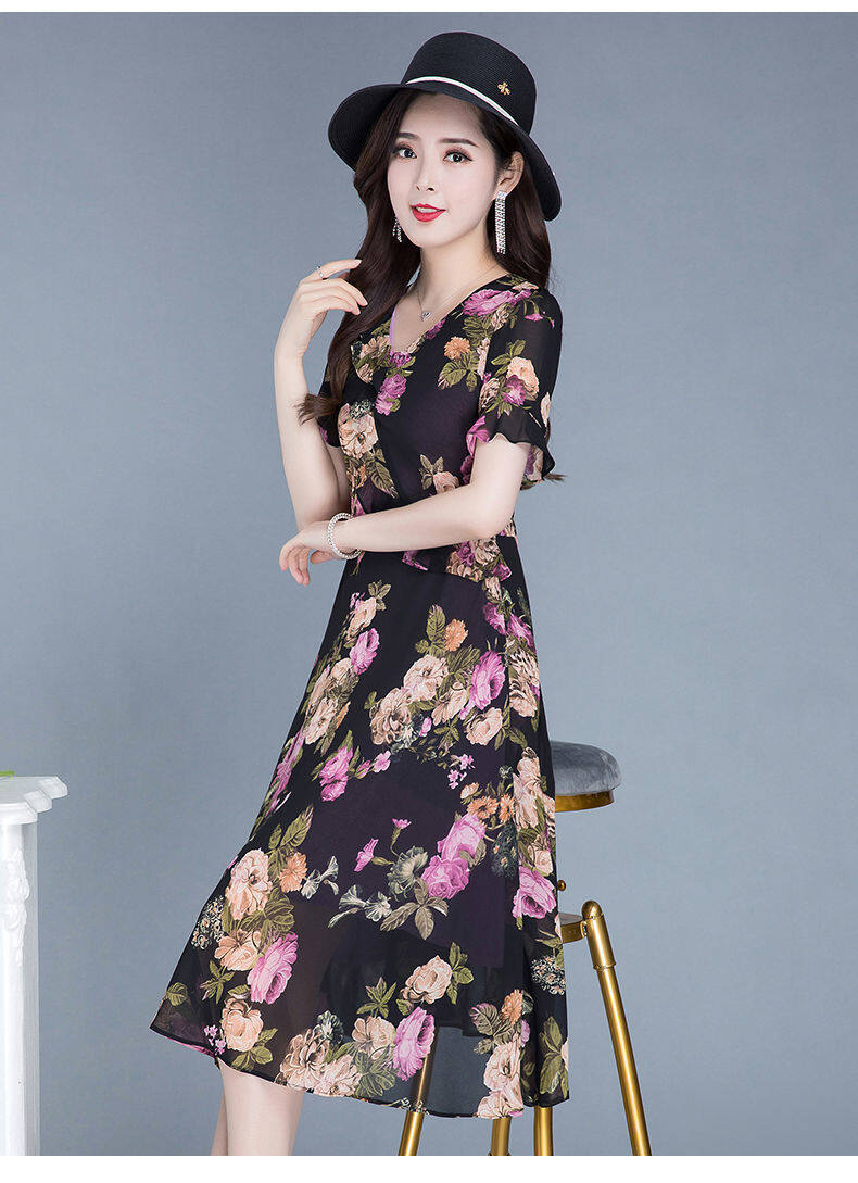 2012 new dress women's summer dress large size printed skirt big brand high-end temperament floral mother Medium-length dress