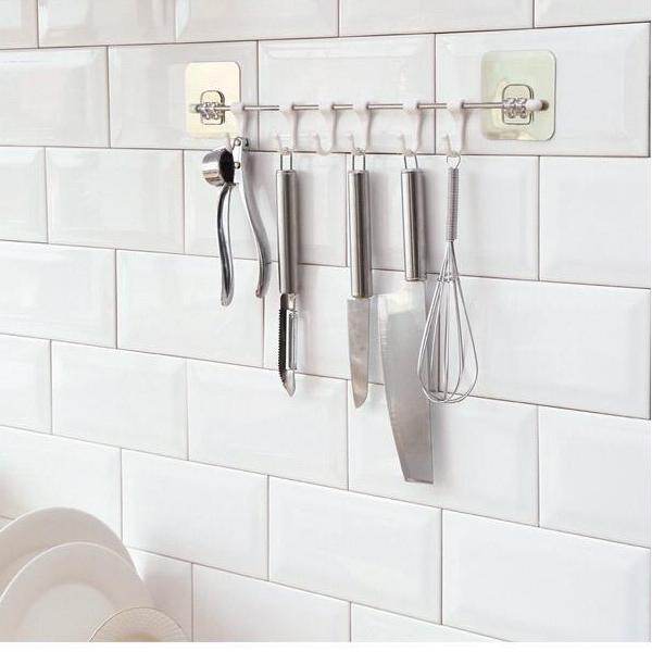 Gambar Kitchen ? 1pc Self Adhesive Metal Hook Rack? Wall Hanging Sliding Bathroom Car Pouch Bedroom Toilet Home House