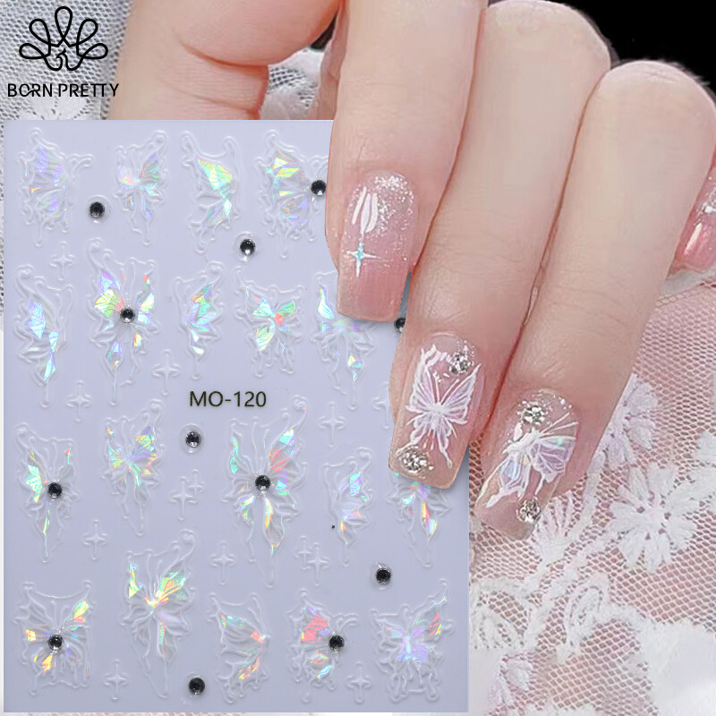BORN PRETTY Butterfly Nail Stickers Silver Chrome Effect Laser Sliders For