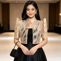 Amyenjoylife Filipiniana Lace Blouse Stand-Up Collar Openwork Pearl-Embellished Lace Blouse For Women Bolero Filipiniana Modern