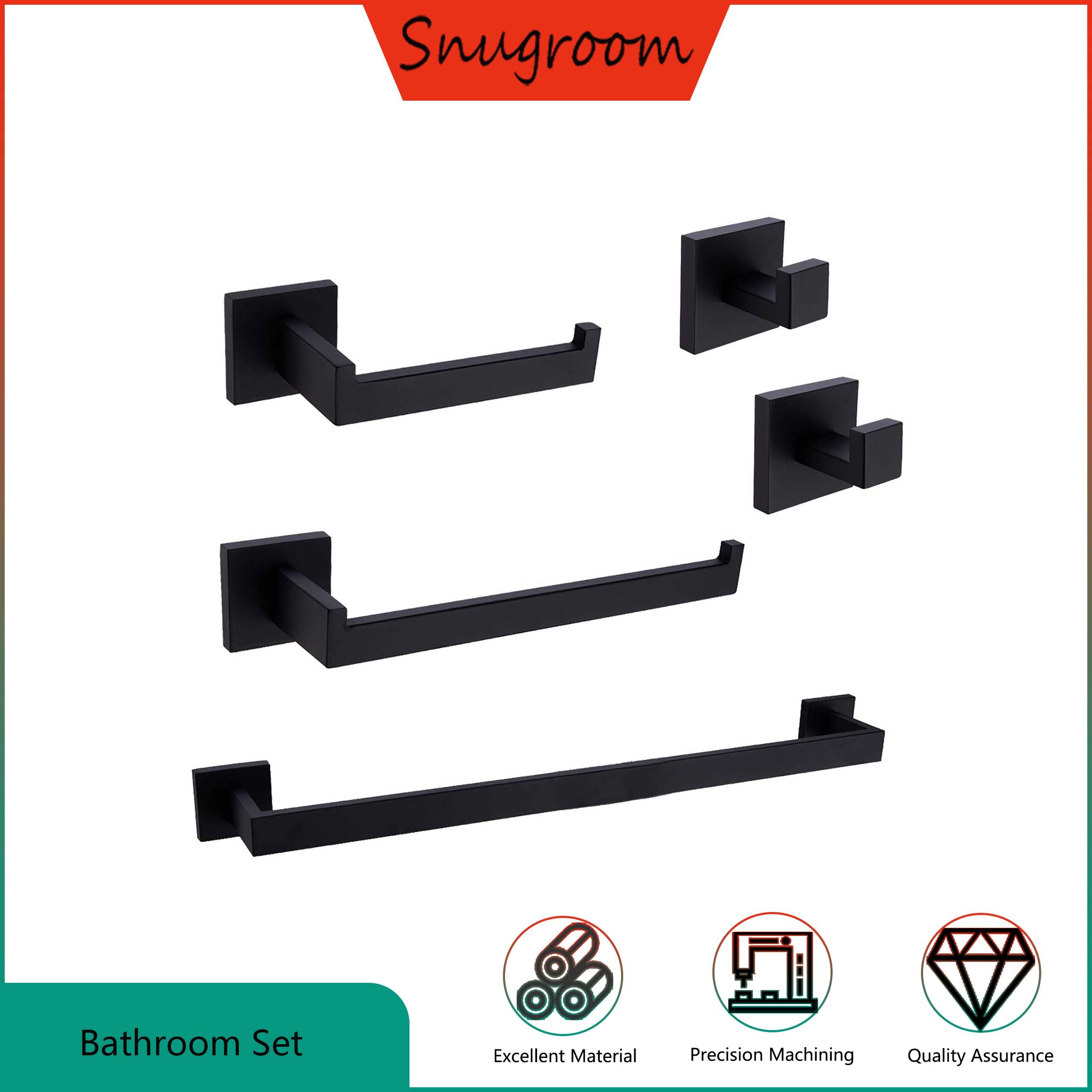 Snugroom Modern 5 Piece Black Square Stainless Steel Wall Mounted Towel Bar Robe Hook Toilet Paper Holder Bathroom Accessories ราคา 1,022 บาท*ส่งฟรี