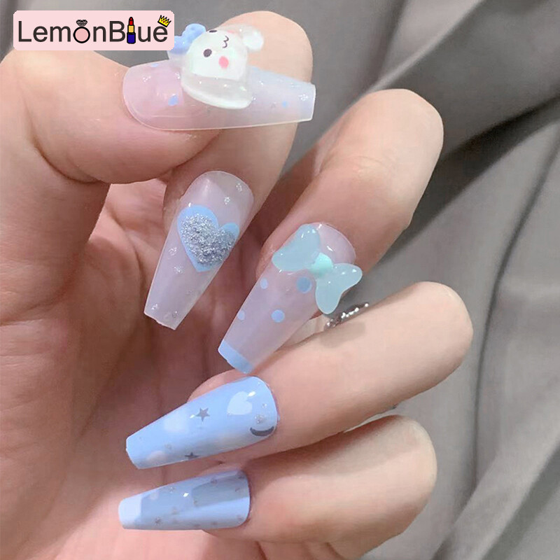 Gambar LemonBlue 24PCS Long Blue Press On Nails Sweet Style Fake Nails Removable Wearable White Long Blue Press On Nails Sweet Style Fake Nails White Clouds Deor Removable Wearable 24PCS Artificial Nail Salon DIY Art