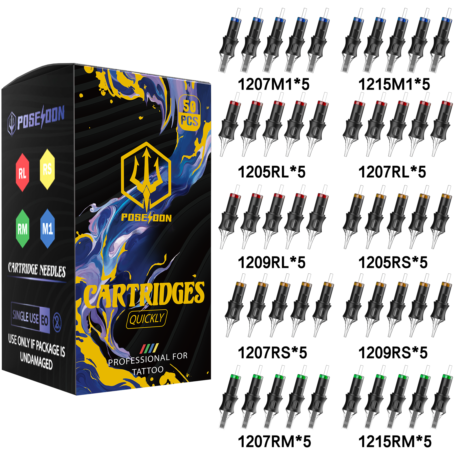  Kim xăm Poseidon hộp mực hình xăm V5 kim RL RS RM M1 Kích thước hỗn hợp 50 cái Hộp kim xăm dùng một lần #12 tiêu chuẩn các loại để máy xăm 