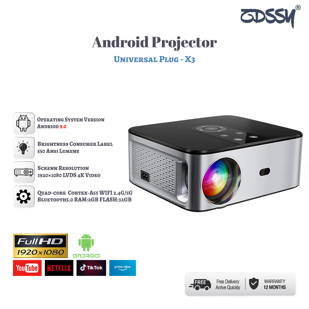 ZDSSY X3 Projector with 5G WiFi and Bluetooth Android 9.0, 550 ANSI Full HD 1080P Outdoor Projector 4K Support, Auto/4P/4D Keystone & 50% Zoom, Movie Projector Compatible with Phone/Laptop/TV Stick/PS5 ราคา 6,055 บาท*ส่งฟรี