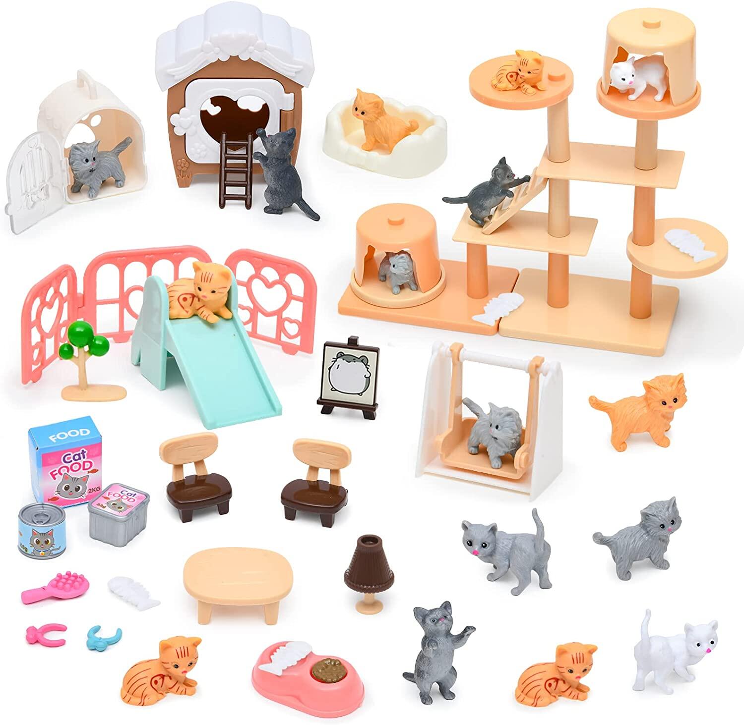 Pet Pretend Play Toys Cat Figures Playset Toys for Kids Realistic Cats Care Role Play Educational Toys Birthday Gift for Boys Girls Toddlers