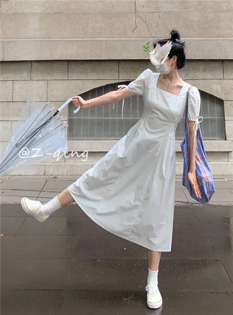 French style square collar puff sleeve dress design niche temperament slim fit gentle first love backless white fairy skirt