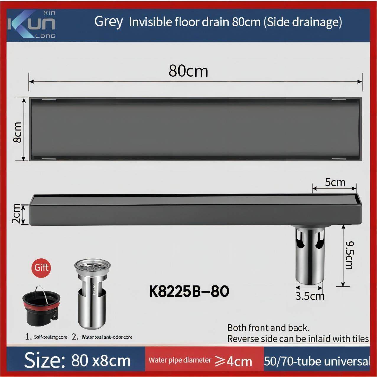 Xinkunlong K8225a/B Màu xám vô hình ống thoát đặt dưới sàn hình chữ nhật phòng tắm phòng tắm chống m