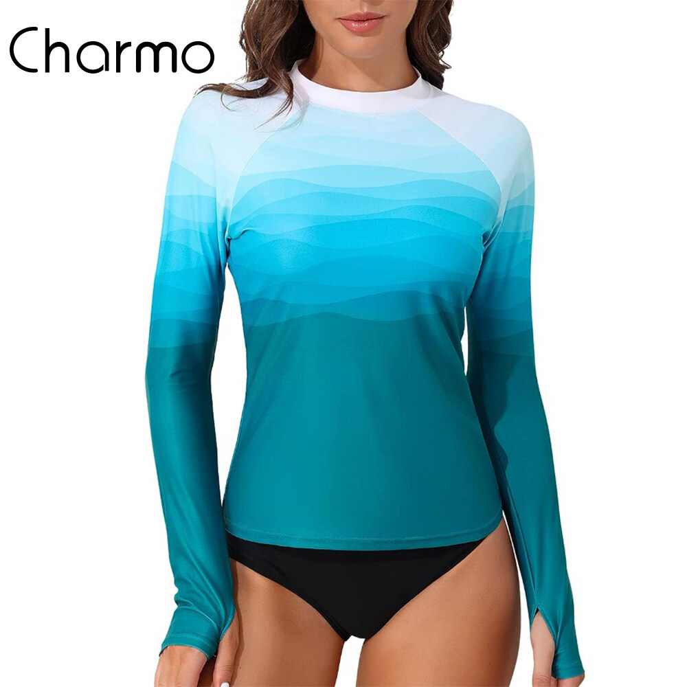 Women's Sunblock Swimsuit Long Sleeve UV Protection Quick-drying Lightweight Printed Shirt with Thumb Holes
