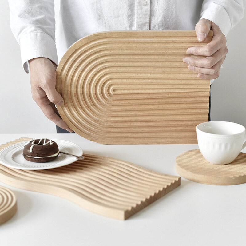 Gambar Beech Wood Breadboard Photo Props Wooden Plate Nordic Water Ripple Afternoon Tea Tray Chopping Board