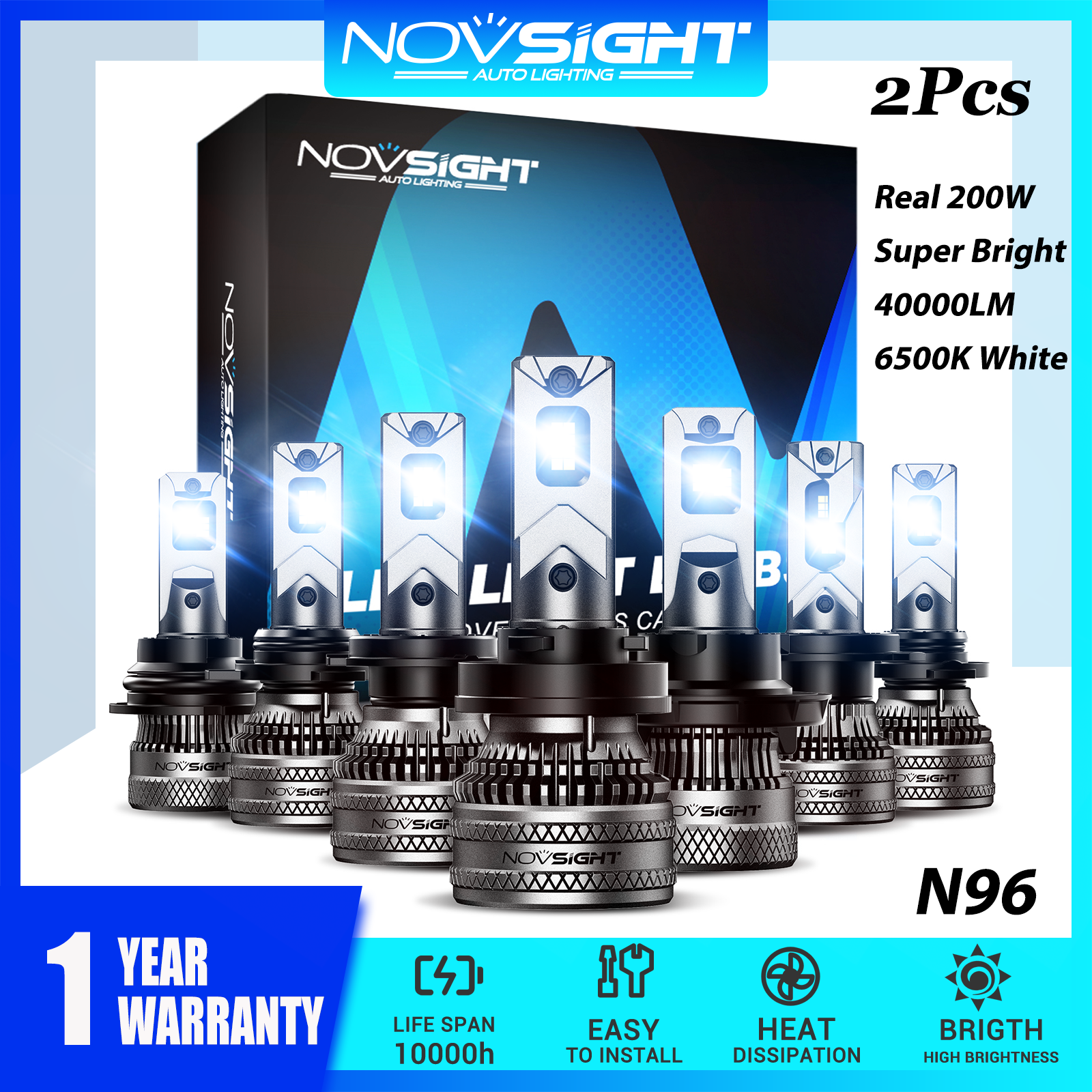 Novsight Newest N96 LED Car Headlight Bulb 9005(HB3) 9006(HB4) H4 H7 H11 LED Light for Car High/Low Beam Fog Light 200W 40000LM 6500K Extreme Bright Plug&Play 2PCS 1 Year Warranty