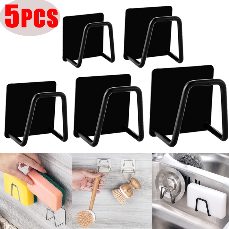 Gambar Kitchen Sink Sponge Holder Rack Stainless Steel Pot Lid Drainer Drying Rack Door Towel Hanger Hook Multi purpose Self Adhesive