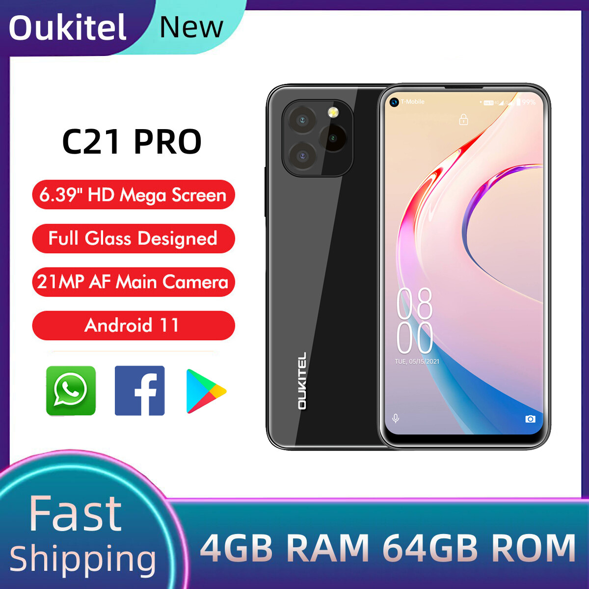 OUKITEL C21 Pro Octa Core สมาร์ทโฟน4G จอ HD 6.39นิ้ว4GB RAM 64GB รอม21MP MT6762D กล้องสี่ตัวสองซิม4000MAh แอนดรอยด์11 MAh โทรศัพท์มือถือลายนิ้วมือ ราคา 3,174 บาท*ส่งฟรี
