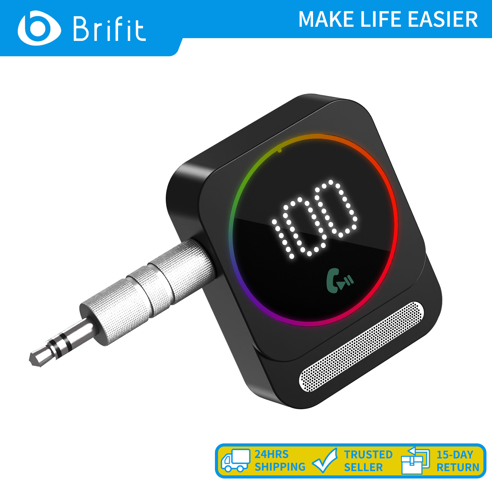 Brifit 1 drag 2 Bluetooth 5.3 Receiver, 3.5mm Aux Bluetooth Adapter with Volume Control Supports Hands Free Calls Connect to 2 Bluetooth, built-in 250 mAh battery for Car/Home Stereo ราคา 258 บาท*ส่งฟรี