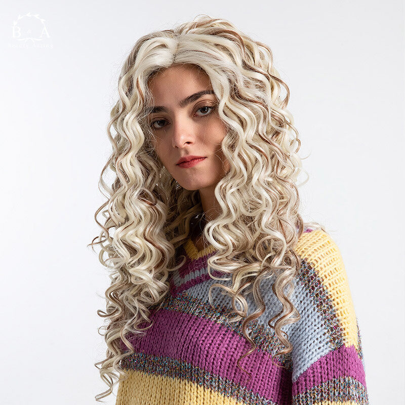 Gambar Women Man made Wigs Beige Brown Middle Part Curl Wig Heat Resistant Wig Women Beige Brown Wig Man made Middle Part Curl Heat Resistant