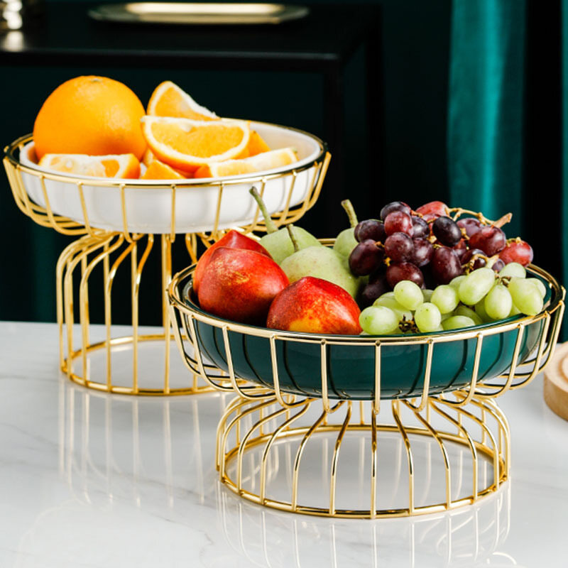 Gambar Nordic Creative Ceramic Fruit Plate Hotel Wrought Iron Dessert Table Ins Home Snack Plate Living Room High footed Fruit Plate