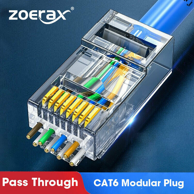Zoerax cat6a cat6 cat5e xuyên qua đầu nối mạng rj45 phích cắm mô-đun utp 30μ đầu lỗ 1.2mm 1.1mm mạ vàng cho cáp ethernet