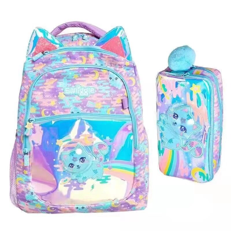 Smiggle ba lô mèo hộp đựng bút chì đồ dùng học sinh cho mèo phi hành gia không gian trẻ em dễ thương màu tím nhạt