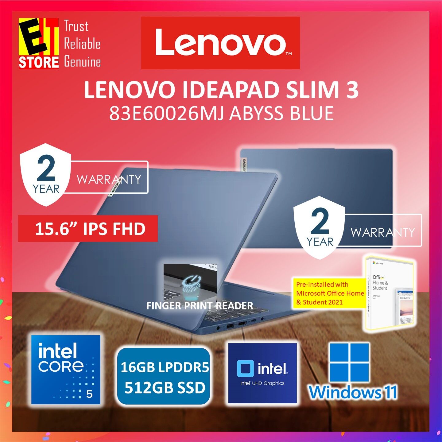 Lenovo IdeaPad Slim 3 LAPTOP IPS3 83E60026MJ/83E60027MJ (NEW Intel Core 5 120U/16GB/512GB SSD/15.6 IPS FHD/INTEL UHD GRAPHICS/OFF H&amp;S 2021/FINGER PRINT READER/W11/BACKPACK/2Y)