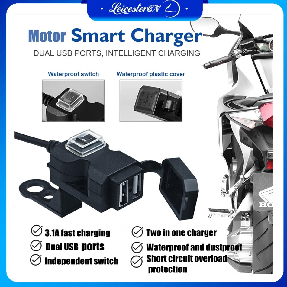 Lst 12V 3.1A sạc điện thoại trên xe máy 2 trong 1 Cổng USB kép chống nước tay nắm mô tô và gương sạc với on off chuyển đổi sạc điện thoại