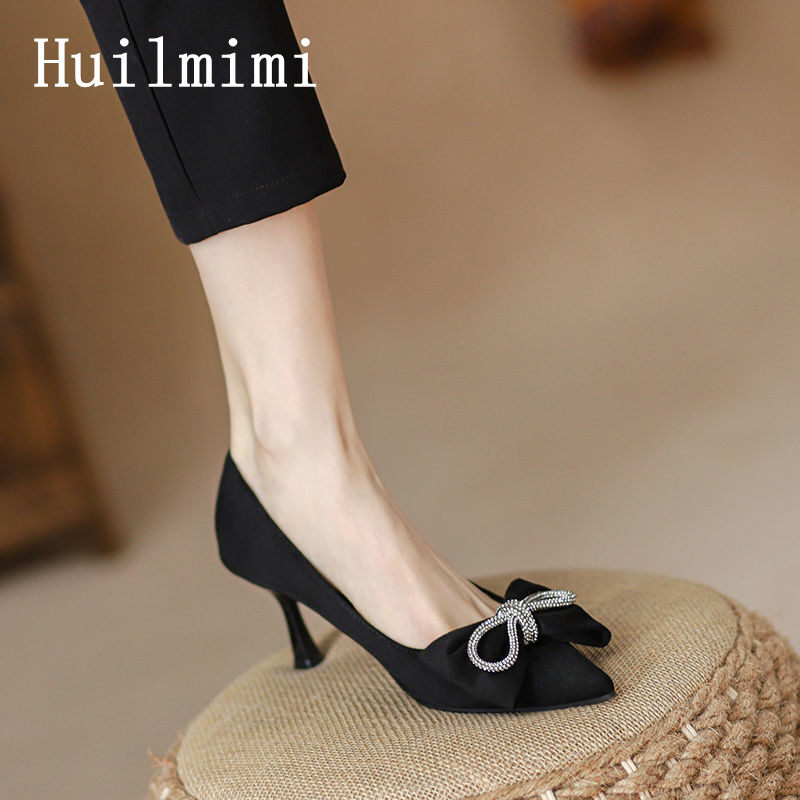 Huilm, giày cao gót nữ, cao gót 7cm, giày cao gót pháp gót nhọn nơ, giày công sở màu đen chất lượng cao đang giảm giá giày công sở giày nữ dự tiệc thời trang giày khiêu vũ giày cưới