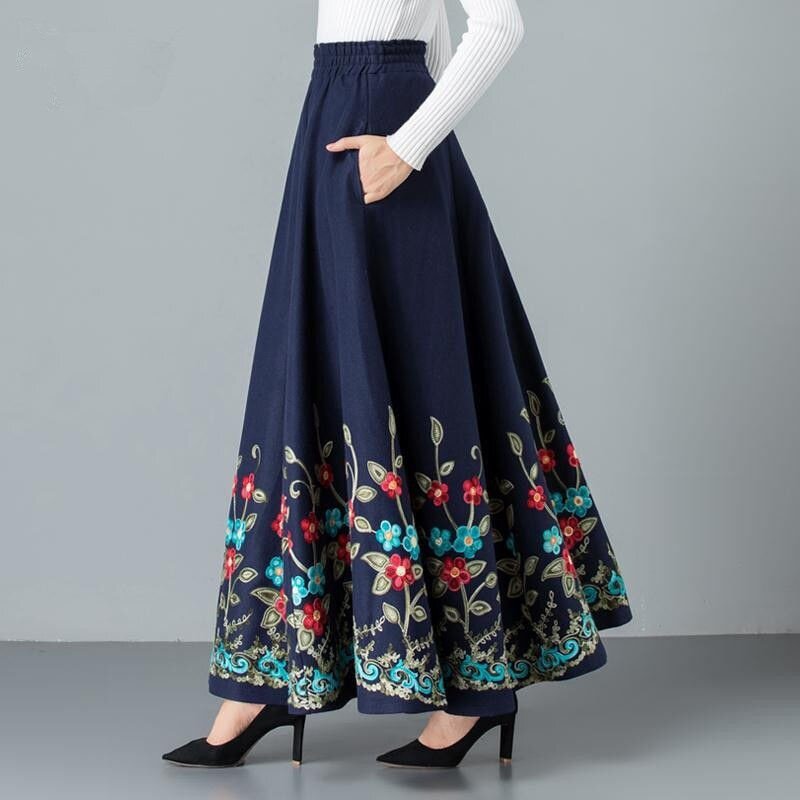 Plus Size S 4XL Women Long Skirt Spring Autumn Winter Fashion Casual Retro Vintage Mom Floral Flower Printed Thick Warm Woolen Elastic Waist Loose Floor Length Maxi Skirt Boho Bohemia Lazada PH