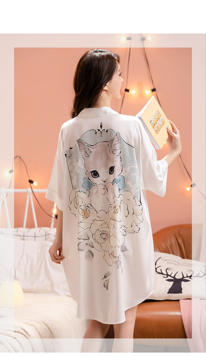 Váy ngủ nữ Cho Phụ Nữ, V-Cổ Cài Cúc Voan Phim Hoạt Hình Mùa Hè Mỏng Ngủ