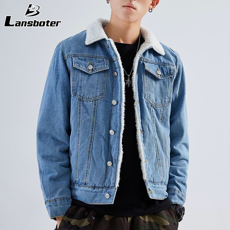 Lansboter Men's lamb fluff warm denim cotton jacket oversized plus-fleece denim jacket