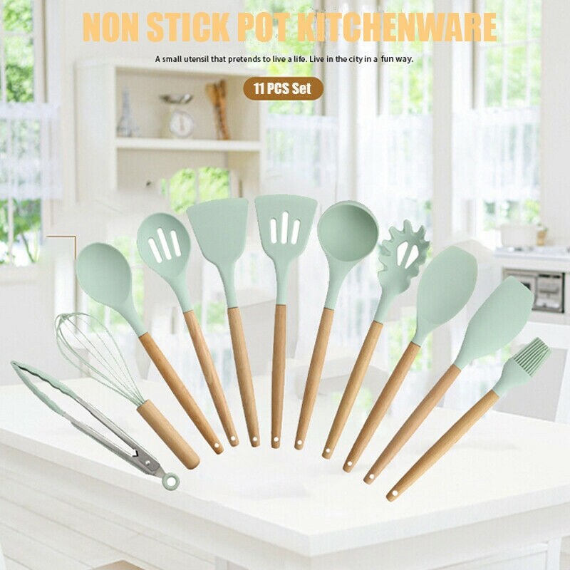Gambar 11PCS Set Wooden Handle Silica Gel Kitchenware Non stick Pan Shovel Spoon Set Kitchen Cooking Tool Sets