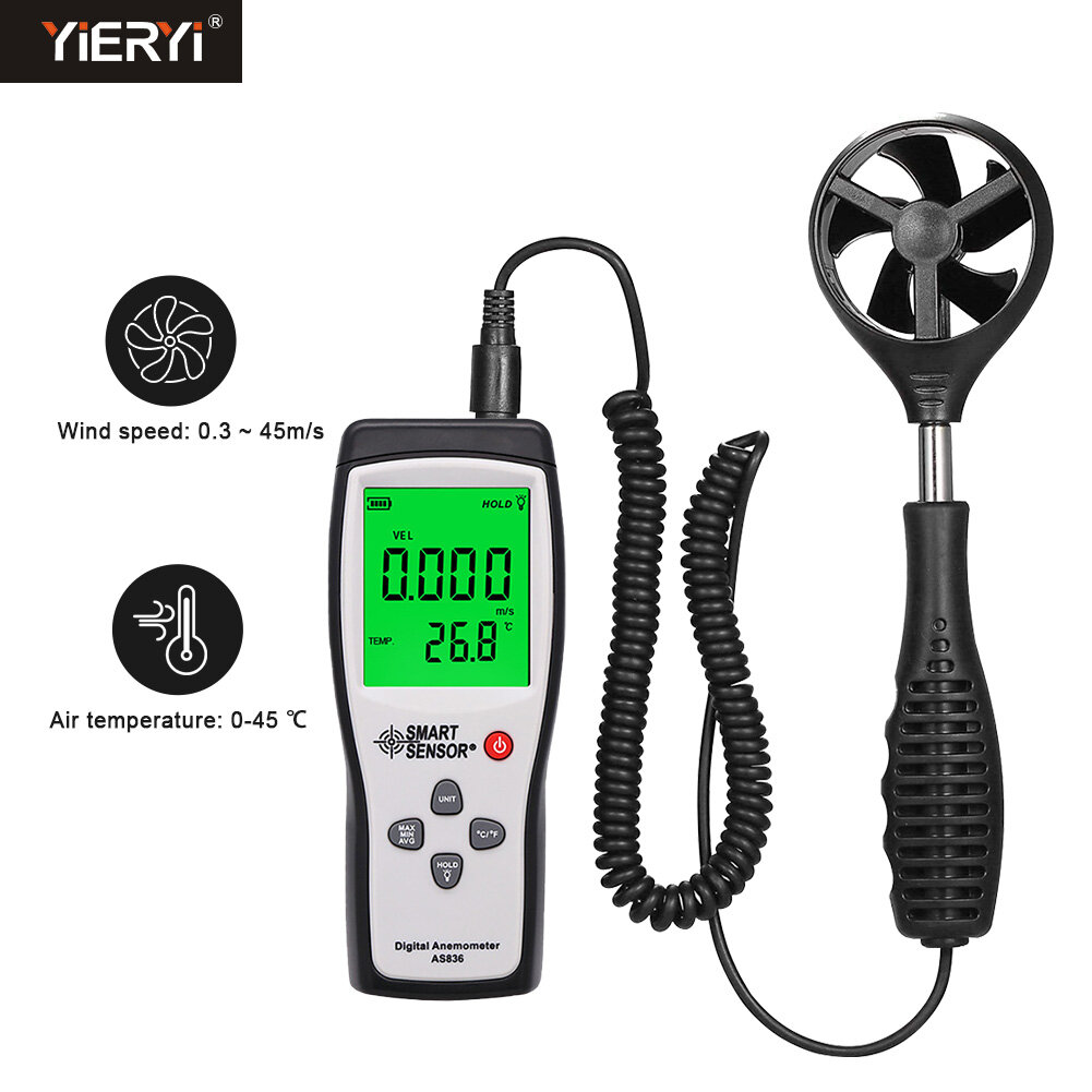 Đồng hồ đo lưu lượng gió Thiết bị đo tốc độ gió kỹ thuật số yieryi as836 máy đo lưu lượng gió nhiệt độ 0.3-45 mét/giây Bộ cảm biến vật thể gió