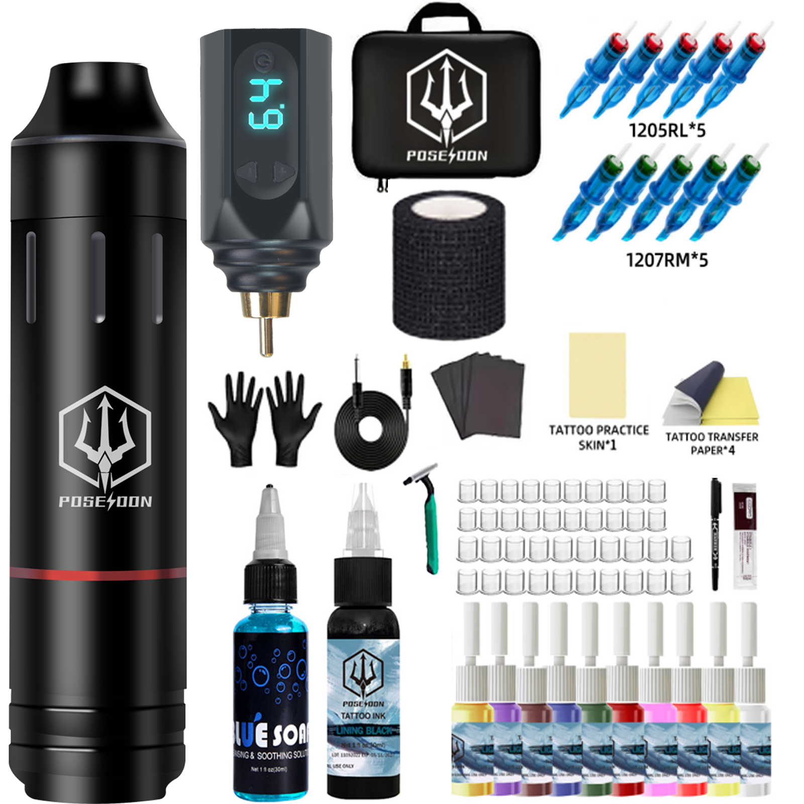  Poseidon Bộ dụng cụ xăm hình pentype Tattoo Machine với 10 cái hộp mực xăm kim không dây máy xăm xoay cung cấp điện nguồn cung cấp Máy xăm hình xăm 
