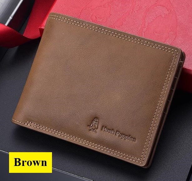 Man Hush Puppies Dark Brown Short Wallet Genuine Leather, Rfid