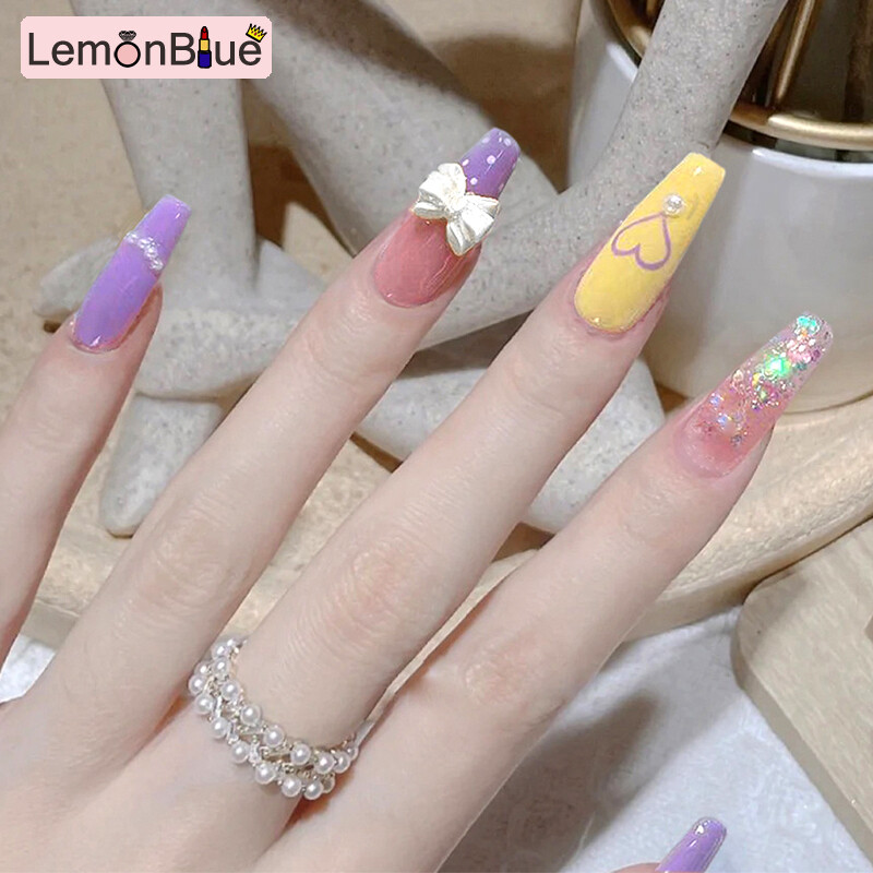 Gambar LemonBlue 24PCS Shiny Rhinestones Fake Nail Long Pointed Head Sweet Style Nail Save Time Long Wearable Shiny Rhinestones Fake Nail 24PCS Finished Nail Piece Pointed Head Sweet Style Nail Save Time with Glue