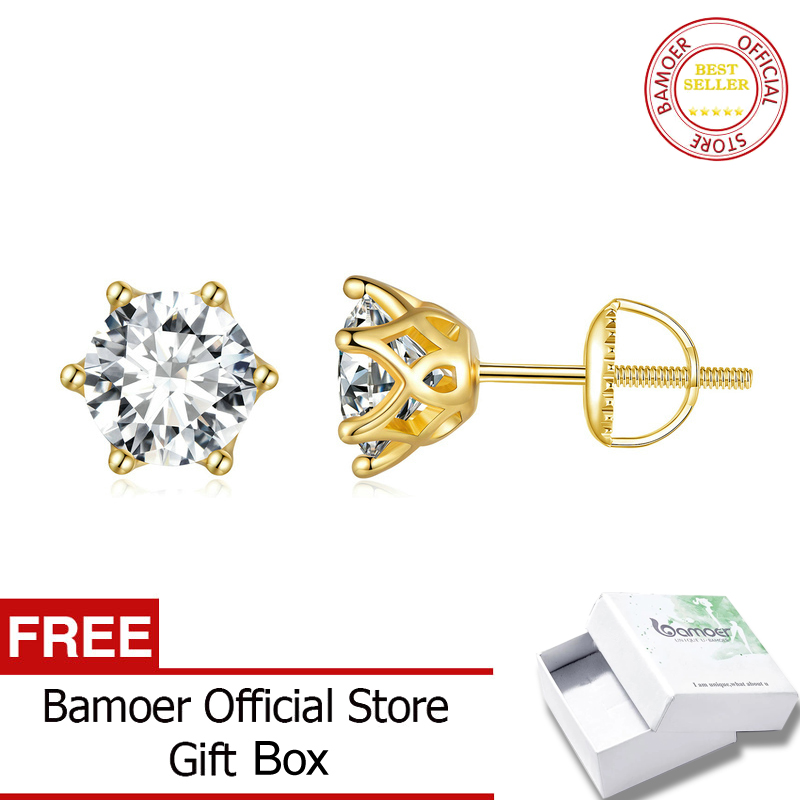BAMOER Gold Moissanite Stud Earrings 925 Sterling Silver Round Wedding Earrings for Women Basic Jewelry MSE004 ราคา 753 บาท*ส่งฟรี
